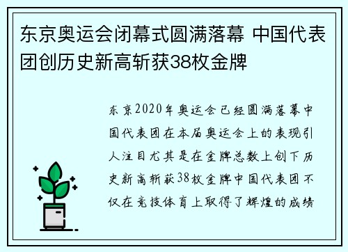 东京奥运会闭幕式圆满落幕 中国代表团创历史新高斩获38枚金牌